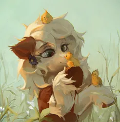 Size: 1871x1902 | Tagged: safe, artist:rvsd, derpibooru import, oc, unofficial characters only, bird, chicken, earth pony, pony, chick, commission, ear fluff, female, flower, flower in hair, image, jpeg, mare, solo, unshorn fetlocks