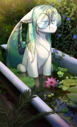 Size: 1200x1992 | Tagged: safe, artist:glumarkoj, derpibooru import, oc, unofficial characters only, bat pony, pony, bathing, bathtub, chest fluff, ear fluff, female, flower, glasses, image, jewelry, jpeg, lily (flower), lilypad, mare, necklace, sitting, solo, water