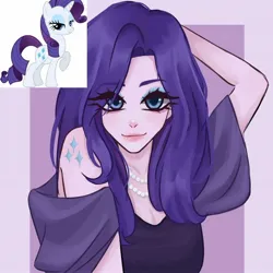 Size: 1440x1440 | Tagged: safe, artist:liahsaflor, derpibooru import, rarity, human, pony, unicorn, alternative cutie mark placement, breasts, bust, cleavage, eyebrows, eyebrows visible through hair, female, horn, humanized, image, jpeg, looking at you, mare, passepartout, purple background, shoulder cutie mark, simple background, smiling, smiling at you, solo