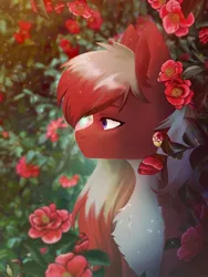Size: 1200x1600 | Tagged: safe, artist:glumarkoj, derpibooru import, oc, unofficial characters only, earth pony, pony, chest fluff, commission, ear fluff, female, flower, image, jpeg, mare, solo