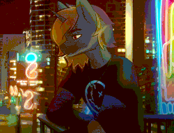 Size: 944x720 | Tagged: safe, artist:glumarkoj, derpibooru import, oc, unofficial characters only, anthro, pony, unicorn, animated, cheek fluff, cigarette, city, clothes, gif, horn, image, jewelry, loop, male, necklace, shirt, smoking, solo, stallion, t-shirt