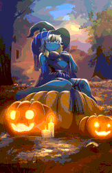Size: 832x1280 | Tagged: safe, artist:glumarkoj, derpibooru import, oc, unofficial characters only, earth pony, animated, breasts, candle, clothes, garter straps, gif, halloween, hat, holiday, image, jack-o-lantern, pumpkin, solo, tree, veil, witch hat