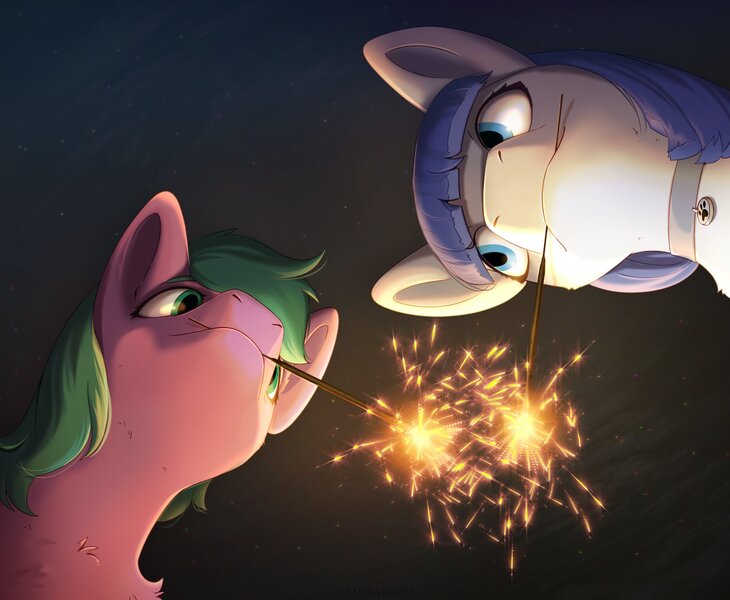 Size: 2039x1677 | Tagged: safe, artist:glumarkoj, derpibooru import, oc, oc:pine berry, oc:snow pup, unofficial characters only, pony, chest fluff, collar, female, from below, image, jpeg, mare, mouth hold, sparkler (firework)