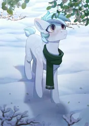 Size: 1764x2508 | Tagged: safe, artist:glumarkoj, derpibooru import, oc, unofficial characters only, pony, unicorn, chest fluff, clothes, horn, image, jpeg, male, scarf, snow, solo, stallion, winter