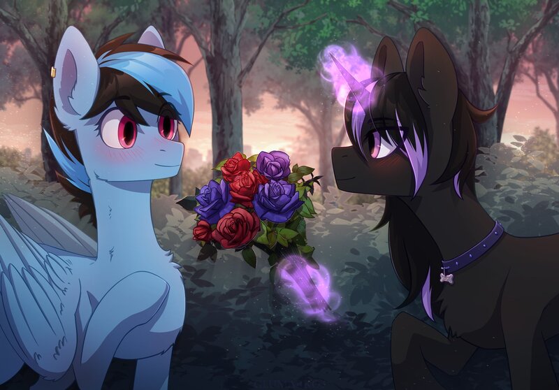 Size: 2150x1500 | Tagged: safe, artist:glumarkoj, derpibooru import, oc, unofficial characters only, pegasus, pony, unicorn, blushing, bouquet, chest fluff, collar, dog collar, ear fluff, ear piercing, female, flower, forest, horn, image, jpeg, magic, male, mare, nature, oc x oc, piercing, shipping, stallion, straight, telekinesis, tree