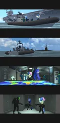 Size: 1680x3408 | Tagged: safe, derpibooru import, bon bon, princess luna, sweetie drops, oc, oc:anon, alicorn, earth pony, human, pegasus, series:my little spec ops, 3d, aircraft carrier, boat, clothes, comic, diving suit, gmod, image, jpeg, letterboxing, map, military, navy, ocean, submarine, uniform, water, zodiac