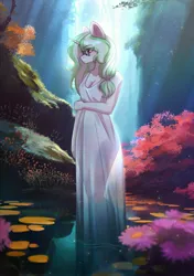 Size: 2039x2894 | Tagged: safe, artist:glumarkoj, derpibooru import, oc, unofficial characters only, anthro, unicorn, breasts, cleavage, clothes, dress, eye clipping through hair, eyebrows, eyebrows visible through hair, female, flower, forest, glasses, horn, image, jpeg, lilypad, nature, solo, tree, water