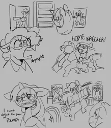 Size: 781x897 | Tagged: safe, artist:channydraws, derpibooru import, applejack, cheese sandwich, pinkie pie, twilight sparkle, earth pony, pony, unicorn, accordion, bipedal, comic, crying, dialogue, drums, female, gray background, grayscale, horn, image, male, mare, monochrome, musical instrument, png, simple background, slap, stallion, standing, standing on one leg, symbols, unicorn twilight