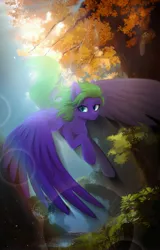 Size: 2039x3182 | Tagged: safe, artist:glumarkoj, derpibooru import, oc, unofficial characters only, pegasus, pony, chest fluff, ear fluff, female, flying, forest, image, jpeg, mare, nature, solo, tree