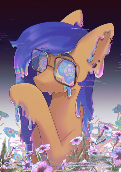 Size: 2039x2894 | Tagged: safe, artist:glumarkoj, derpibooru import, oc, unofficial characters only, goo, goo pony, original species, pony, ear piercing, earring, flower, glasses, image, jewelry, jpeg, melting, piercing