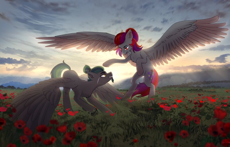 Size: 4096x2609 | Tagged: safe, artist:glumarkoj, derpibooru import, oc, unofficial characters only, pegasus, pony, backlighting, chest fluff, crepuscular rays, depth of field, ear piercing, facial hair, female, field, flower, goatee, hair bun, image, jpeg, large wings, lighting, male, mare, outdoors, pegasus oc, piercing, rearing, scar, scenery, scenery porn, spread wings, stallion, sunset, wings