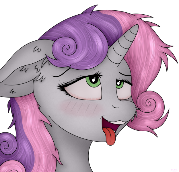 Size: 3950x3800 | Tagged: suggestive, artist:sassysvczka, derpibooru import, sweetie belle, pony, unicorn, adult, ahegao, blushing, bust, cheek fluff, commission, drool, ear fluff, eyes rolling back, floppy ears, horn, image, lidded eyes, messy mane, older, open mouth, png, portrait, simple background, solo, teeth, tongue out, transparent background