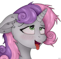 Size: 3950x3800 | Tagged: suggestive, artist:sassysvczka, derpibooru import, sweetie belle, pony, unicorn, adult, ahegao, blushing, bust, cheek fluff, commission, drool, ear fluff, eyes rolling back, floppy ears, horn, image, lidded eyes, messy mane, older, open mouth, png, portrait, simple background, solo, teeth, tongue out, transparent background