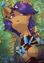 Size: 2039x2894 | Tagged: semi-grimdark, artist:glumarkoj, derpibooru import, oc, unofficial characters only, butterfly, earth pony, insect, pony, clothes, ear piercing, earring, flower, hoodie, image, jewelry, jpeg, lying down, on back, piercing, ribcage, solo