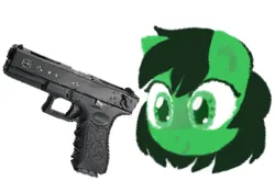 Size: 2442x1705 | Tagged: safe, artist:farofeiro, derpibooru import, oc, oc:anonfilly, unofficial characters only, earth pony, pony, derpibooru exclusive, female, filly, glock, gun, handgun, image, jpeg, pistol, pixelated, simple background, solo, weapon, white background