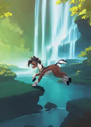 Size: 2067x2894 | Tagged: safe, artist:glumarkoj, derpibooru import, oc, unofficial characters only, pony, zebra, chest fluff, female, image, jewelry, jpeg, jumping, leaping, mare, necklace, river, scenery, scenery porn, solo, stream, stripes, water, waterfall