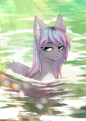 Size: 2894x4093 | Tagged: safe, artist:glumarkoj, derpibooru import, oc, unofficial characters only, bat pony, pony, chest fluff, ear fluff, female, image, jpeg, looking at you, mare, rain, water