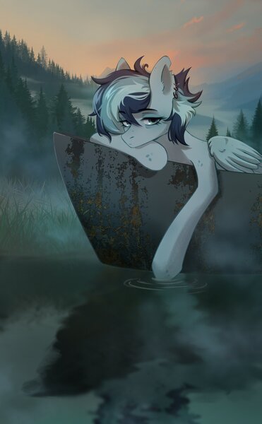 Size: 2436x3936 | Tagged: safe, artist:glumarkoj, derpibooru import, oc, unofficial characters only, pegasus, pony, boat, ear piercing, earring, female, forest, image, jewelry, jpeg, lake, mare, mist, nature, piercing, reflection, solo, torn ear, tree, water
