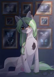 Size: 2480x3508 | Tagged: safe, artist:glumarkoj, derpibooru import, oc, unofficial characters only, butterfly, insect, pony, unicorn, cracks, female, glasses, horn, image, jpeg, mare, no catchlights, solo, torn ear