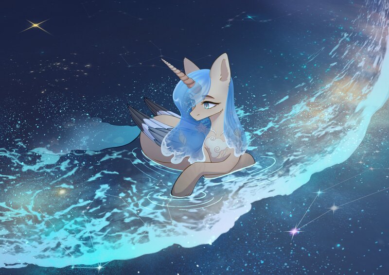 Size: 3508x2480 | Tagged: safe, artist:glumarkoj, derpibooru import, oc, unofficial characters only, alicorn, pony, alicorn oc, colored wings, constellation, female, horn, image, jpeg, mare, ocean, reflection, solo, stars, swimming, water, water mane, water tail, wave, wings