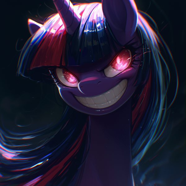 Size: 1024x1024 | Tagged: safe, ai content, derpibooru import, machine learning generated, prompter:enterusxrname, twilight sparkle, pony, unicorn, dark, evil, evil grin, g4, glow, glowing eyes, grin, horn, image, outdoors, png, smiling, solo, the quality of ai art is frightening, twilight snapple, unicorn twilight, xk-class end-of-the-world scenario