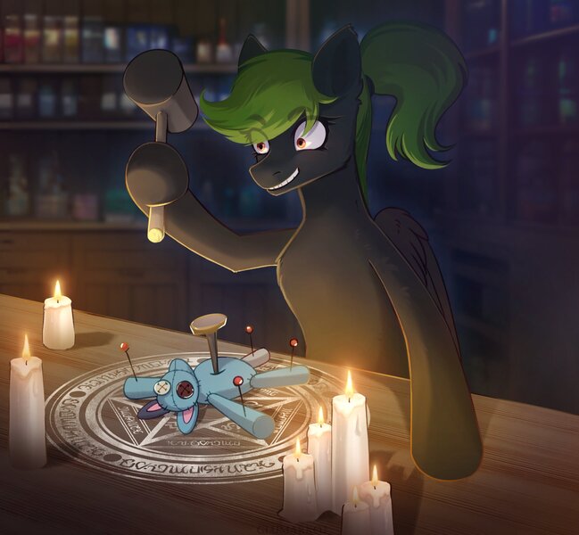 Size: 3184x2943 | Tagged: safe, artist:glumarkoj, derpibooru import, oc, oc:achlys, unofficial characters only, pegasus, pony, bipedal, button eyes, candle, female, hammer, image, jpeg, magic, magic circle, mallet, mare, nail, needle, plushie, ritual, solo, voodoo doll