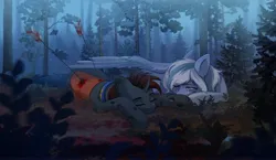 Size: 3848x2232 | Tagged: semi-grimdark, artist:glumarkoj, derpibooru import, oc, oc:mour anniette, unofficial characters only, changeling, pegasus, pony, arrow, blood, corpse, crying, curved horn, dead, eyes closed, female, forest, horn, image, jpeg, lying down, male, mare, nature, prone, shot, stallion, tree