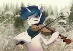Size: 3508x2480 | Tagged: safe, artist:glumarkoj, derpibooru import, oc, unofficial characters only, pony, unicorn, bipedal, bow (instrument), chest fluff, ear fluff, eyes closed, forest, horn, image, jpeg, male, musical instrument, nature, neckerchief, playing instrument, reeds, solo, stallion, tree, violin