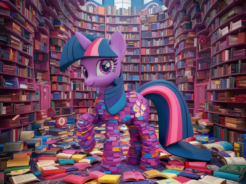 Size: 1024x768 | Tagged: safe, ai content, derpibooru import, generator:ideogram 1.0, machine learning generated, twilight sparkle, book, bookhorse, image, library, png, prompt in description, solo