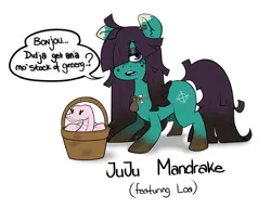 Size: 1107x849 | Tagged: safe, artist:mr-slmn, derpibooru import, oc, oc:juju mandrake, unofficial characters only, earth pony, pony, snake, basket, dialogue, duo, female, image, mare, pet oc, png, simple background, speech bubble, talking to viewer, white background