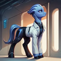 Size: 1536x1536 | Tagged: safe, ai content, derpibooru import, generator:autismmixconfetti, machine learning generated, ponified, alien, asari, pony, clothes, female, futuristic, image, indoors, jpeg, lab coat, liara t'soni, looking sideways, mare, mass effect, prompter:siber, standing