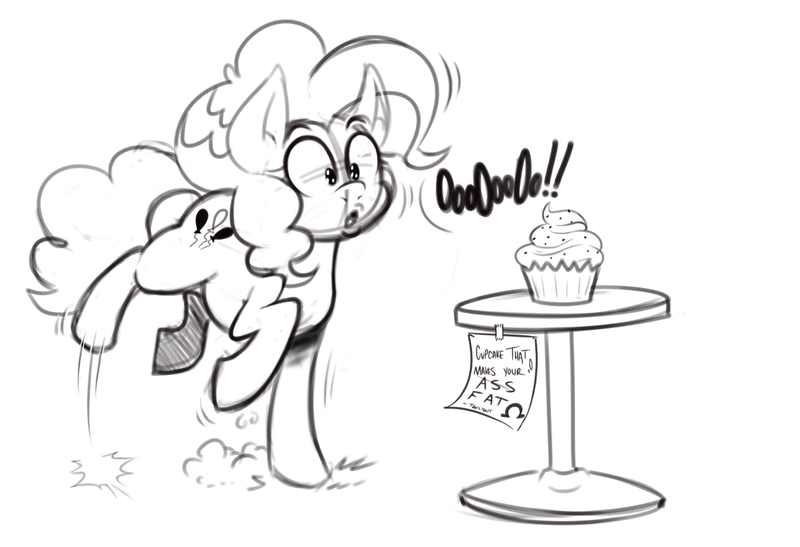 Size: 1302x891 | Tagged: safe, artist:mr-slmn, derpibooru import, pinkie pie, earth pony, pony, black and white, cupcake, female, food, grayscale, image, implied twilight sparkle, mare, monochrome, note, png, simple background, sketch, solo, standing, standing on one leg, white background