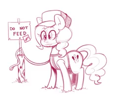 Size: 1052x835 | Tagged: safe, artist:mr-slmn, derpibooru import, pinkie pie, earth pony, pony, cap, clothes, female, hat, image, leash, mare, monochrome, png, sign, simple background, sketch, solo, vest, white background