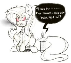 Size: 1013x895 | Tagged: safe, artist:mr-slmn, derpibooru import, fluttershy, pegasus, pony, alexa, bloodshot eyes, bong, chest fluff, dialogue, flutterhigh, grayscale, high, image, monochrome, partial color, png, simple background, sitting, smoke, solo, speaker, speech bubble, white background