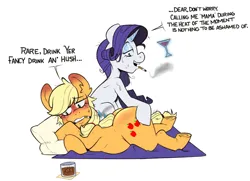 Size: 1241x898 | Tagged: suggestive, artist:mr-slmn, derpibooru import, applejack, rarity, earth pony, pony, unicorn, aftersex, alcohol, applebutt, blushing, butt, butt touch, cigarette, dialogue, drink, duo, duo female, ear blush, embarrassed, female, glass, hoof on butt, horn, image, implied sex, large butt, lesbian, levitation, lying down, magic, mare, martini glass, messy mane, plot, png, prone, rarijack, shipping, simple background, smoking, telekinesis, white background