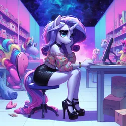 Size: 1024x1024 | Tagged: safe, ai content, derpibooru import, machine learning generated, anthro, unicorn, abstract, adorasexy, bare shoulders, bored, box, cardboard box, chair, clothes, collar, computer, cute, female, g4, high heels, horn, image, keyboard, looking at you, monitor, office, png, prompter:horselover fat, sad, sexy, shelves, shoes, shoulderless, sitting, skirt, stool, surreal, sweater, table, tiled floor, weird