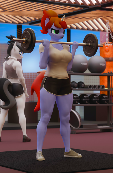 Size: 2500x3840 | Tagged: safe, artist:dangerousdpad, derpibooru import, oc, oc:ronin, oc:sugar surge, anthro, earth pony, unicorn, 3d, blender, blender cycles, clothes, gym, gym shorts, horn, image, png, shirt, weights