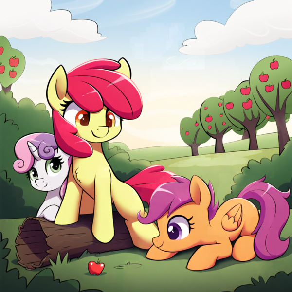 Size: 1024x1024 | Tagged: safe, ai content, derpibooru import, edit, apple bloom, scootaloo, sweetie belle, earth pony, pegasus, pony, unicorn, apple, apple tree, cloud, crouching, cutie mark crusaders, folded wings, food, grass, horn, image, log, looking at something, looking at you, png, prompt in description, scenery, sitting, smiling, tree, wings