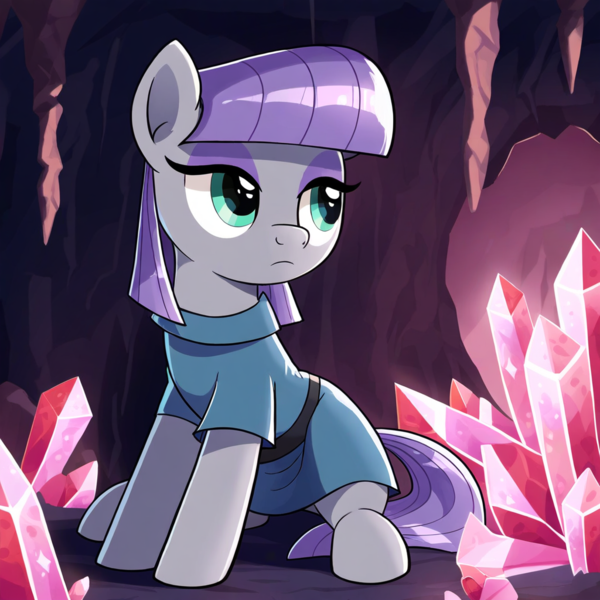 Size: 1024x1024 | Tagged: safe, ai content, derpibooru import, maud pie, earth pony, pony, cave, crystal, glow, image, looking away, png, prompt in description, red, solo, stalactite