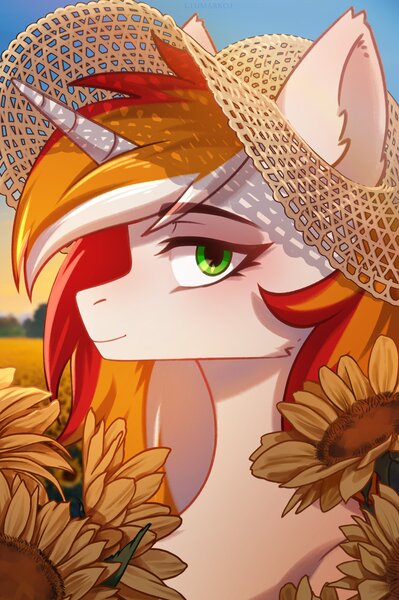 Size: 2384x3586 | Tagged: safe, artist:glumarkoj, derpibooru import, oc, unofficial characters only, pony, unicorn, cheek fluff, ear fluff, female, flower, hat, horn, image, jpeg, looking at you, mare, solo, sun hat, sunflower