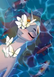 Size: 2480x3508 | Tagged: safe, artist:glumarkoj, derpibooru import, oc, unofficial characters only, butterfly, fish, insect, koi, pony, unicorn, chest fluff, eyes closed, female, horn, image, jpeg, lying down, mare, on back, solo