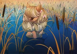 Size: 2480x1748 | Tagged: safe, artist:glumarkoj, derpibooru import, oc, unofficial characters only, kirin, pony, flower, flower in hair, image, jpeg, reeds, solo, water