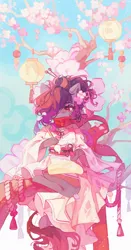 Size: 3400x6504 | Tagged: safe, artist:saxopi, derpibooru import, oc, oc:nyn indigo, unofficial characters only, semi-anthro, absurd resolution, bare shoulders, cherry blossoms, clothes, drawing, dress, female, flower, flower blossom, image, lantern, paintbrush, paper lantern, png, scarf, scroll, sitting, solo, tree branch