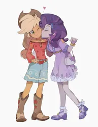 Size: 1299x1681 | Tagged: safe, artist:bilidongdong, derpibooru import, applejack, rarity, human, equestria girls, applejack's hat, bag, blushing, boots, clothes, cowboy hat, cuffs (clothes), dress, duo, female, floating heart, freckles, g4, handbag, hat, heart, humanized, image, jewelry, jpeg, kiss on the cheek, kissing, lesbian, one eye closed, rarijack, shipping, shoes, shorts, simple background, strapless, white background