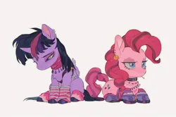 Size: 1287x855 | Tagged: safe, artist:bilidongdong, derpibooru import, pinkie pie, twilight sparkle, twilight sparkle (alicorn), alicorn, earth pony, pony, candy, chest fluff, choker, clothes, duo, ear piercing, earring, female, food, g4, headdress, hoof shoes, image, jewelry, jpeg, leg warmers, lollipop, lying down, mare, piercing, prone, simple background, sitting, white background