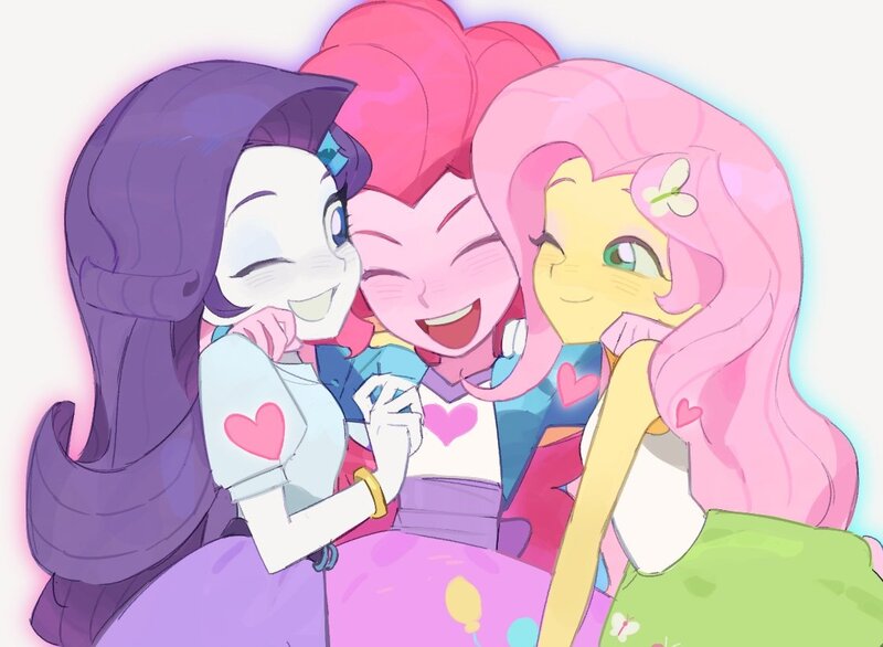 Size: 1123x823 | Tagged: safe, artist:bilidongdong, derpibooru import, fluttershy, pinkie pie, rarity, human, equestria girls, cuffs (clothes), female, g4, group hug, hug, humanized, image, jpeg, simple background, trio, white background