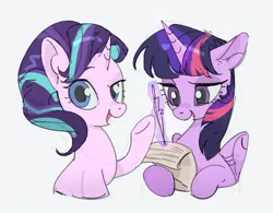 Size: 817x638 | Tagged: safe, artist:bilidongdong, derpibooru import, starlight glimmer, twilight sparkle, twilight sparkle (alicorn), alicorn, pony, unicorn, colored sketch, duo, female, horn, image, jpeg, magic, mare, quill, scroll, simple background, sketch, telekinesis, white background, writing