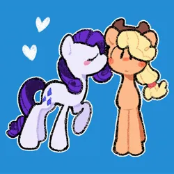 Size: 2048x2048 | Tagged: safe, artist:starrymysteryy, derpibooru import, applejack, rarity, earth pony, pony, unicorn, applejack's hat, blue background, blushing, cowboy hat, duo, eyes closed, female, floating heart, g4, hat, heart, horn, image, jpeg, kiss on the cheek, kissing, lesbian, mare, rarijack, shipping, simple background