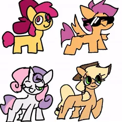 Size: 597x597 | Tagged: safe, artist:madiwann, derpibooru import, apple bloom, applejack, scootaloo, sweetie belle, earth pony, pegasus, pony, unicorn, cutie mark crusaders, female, filly, foal, horn, image, jpeg, mare, one eye closed, simple background, smiling, sunglasses, white background, wink