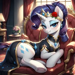 Size: 1536x1536 | Tagged: safe, ai content, derpibooru import, generator:bluefox mix, machine learning generated, stable diffusion, rarity, pony, unicorn, alternate hairstyle, armchair, backlighting, bedroom eyes, black dress, butt, chair, choker, clothes, column, curtains, cutie mark, cutie mark accessory, cutie mark on clothes, dock, dress, ear fluff, ear piercing, earring, female, flower, flower in hair, frog (hoof), g4, gem, hair bun, horn, image, indoors, jewelry, lamp, leg fluff, looking at you, lying down, mare, piercing, pillow, plot, png, potted plant, prompter:tyto4tme4l, rose, side, smiling, smiling at you, solo, tail, tiara, underhoof, window